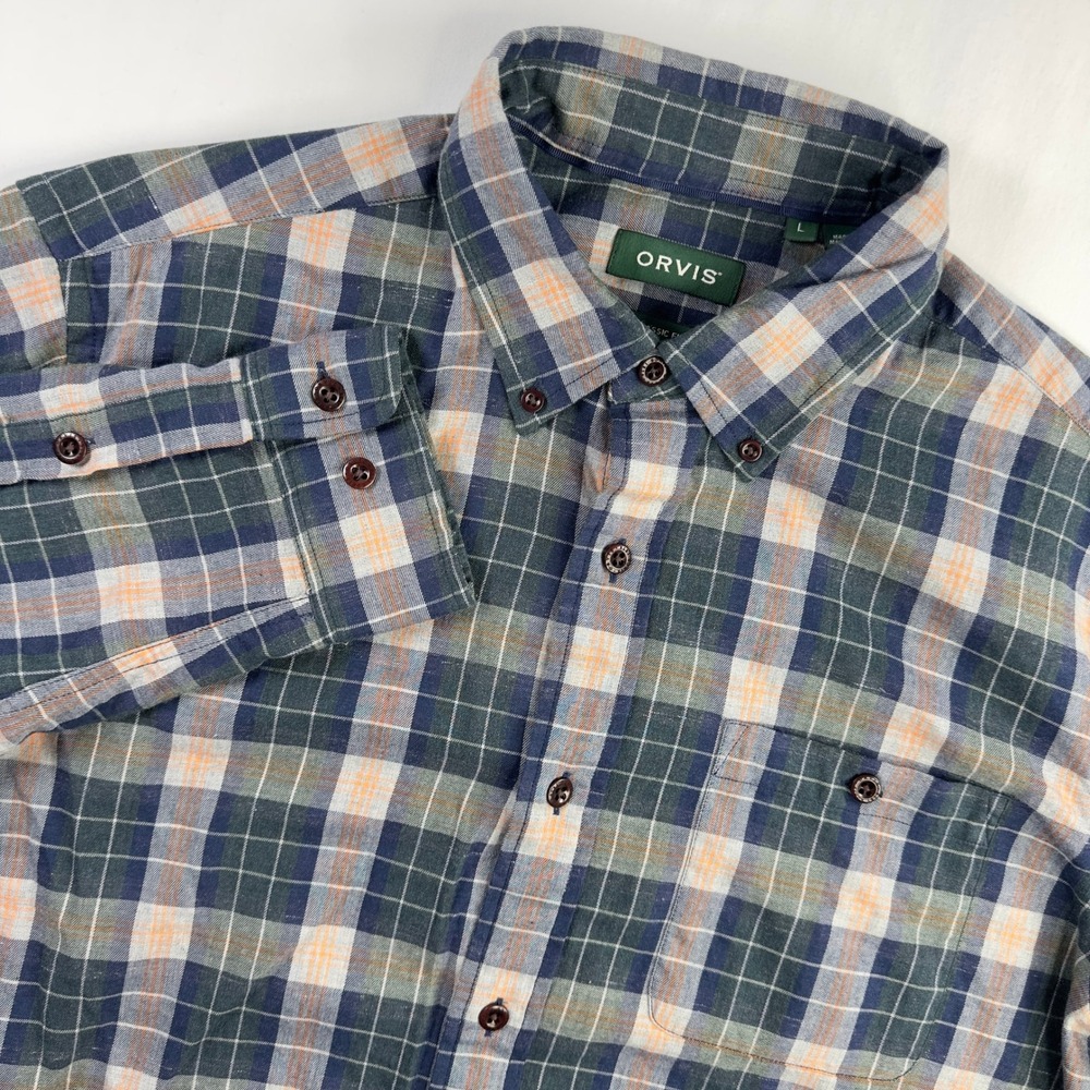 Orvis Shirt Men's Large Blue Green Plaid Button Down Long Sleeve Organic Cotton